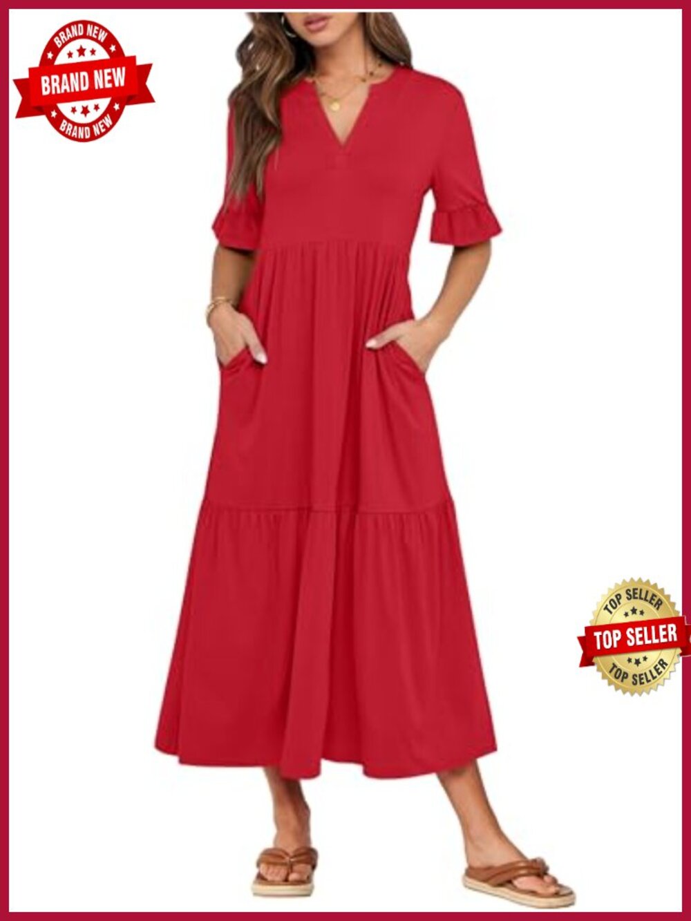 Women's Casual Maxi Dress Ruffle Short Sleeve V-Neck A-Line Tiered